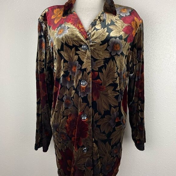NWT I.K.C For County Wear Womens Floarl Velour V-Neck Button Down Top Size M - Picture 1 of 6